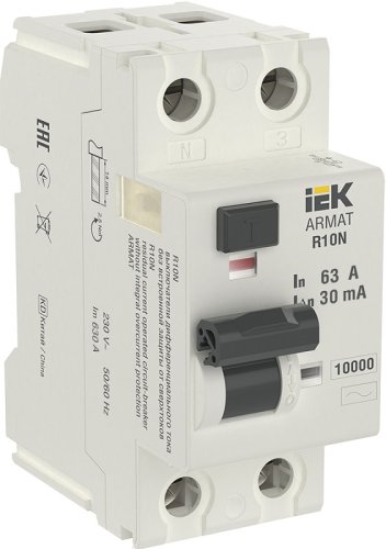 Выключатель дифференциального тока УЗО IEK ARMAT R10N 2п 63А 30мА 10кА тип AC картинка